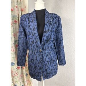 Vtg Raphael Lorenzo Denim / Black Embroidered Flowers Goth Blazer Sz M